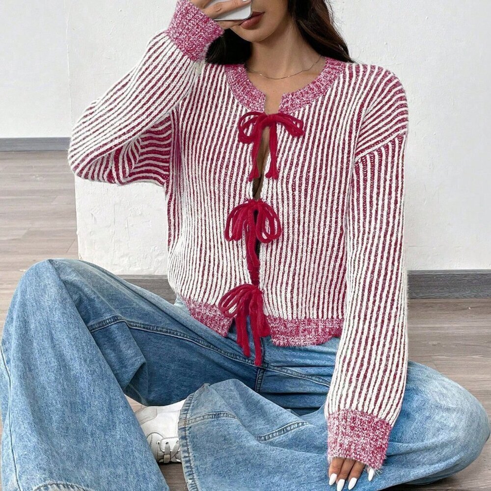 Burgundy Casual Women's Striped bow tie-Up Raglan knit sweater Cardigan